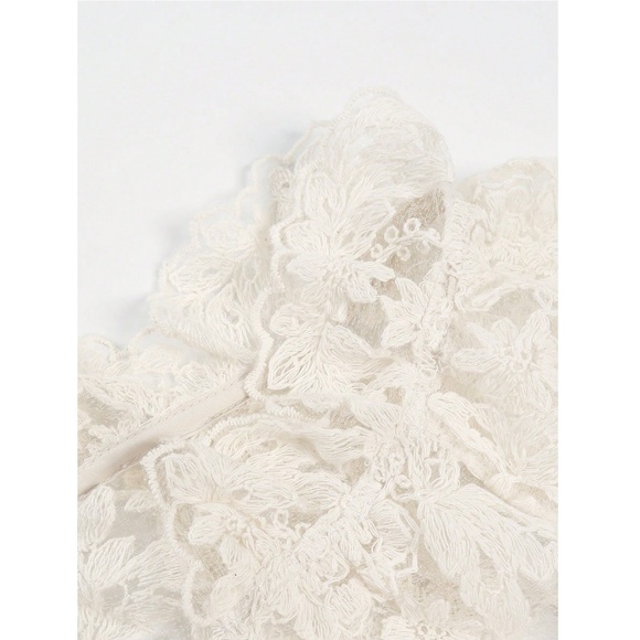 Guipure Lace on Mesh Cream V-Neck Floral Pattern Button Down Shirt - Picture 7 of 10